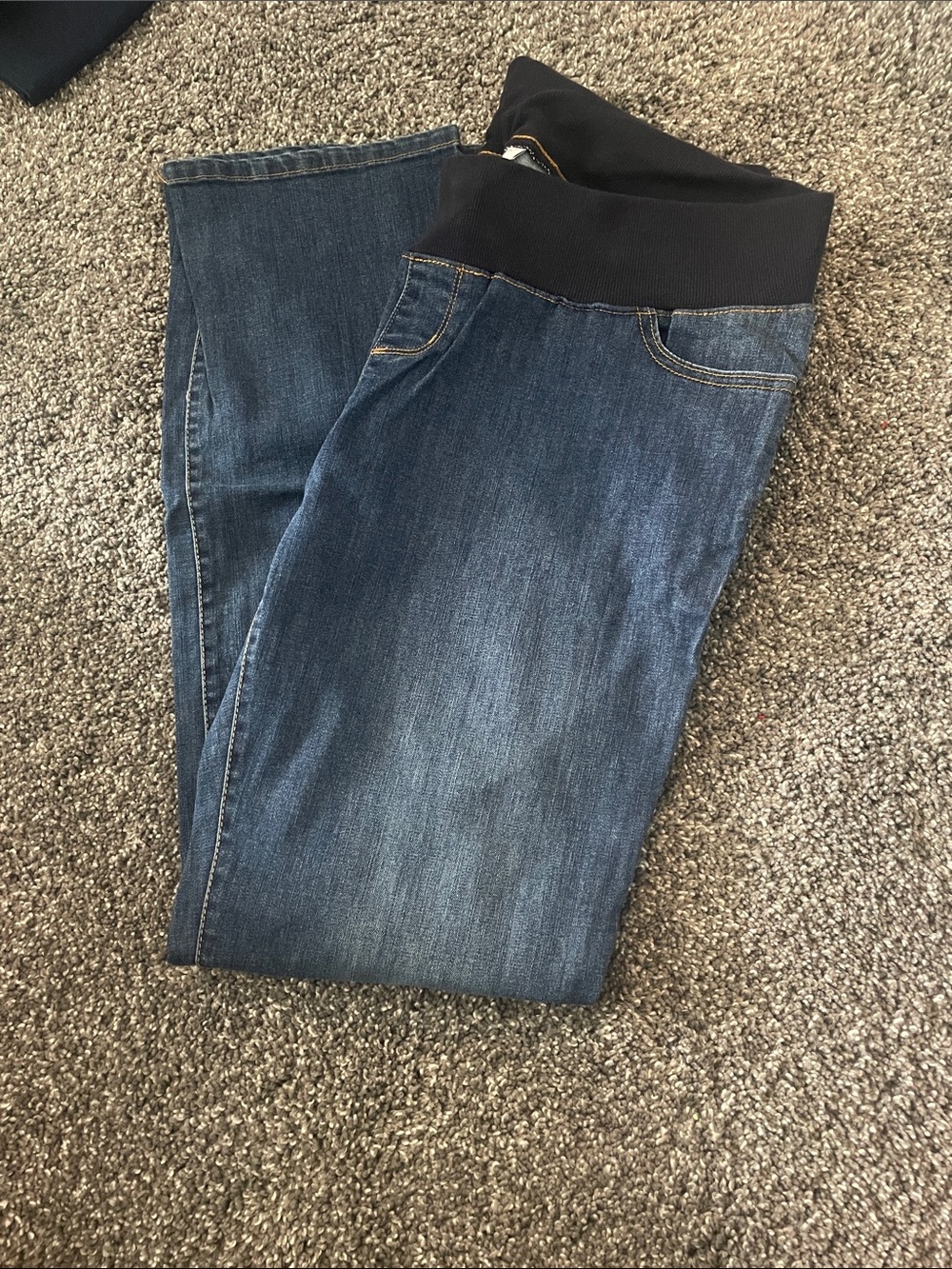 Liz Lange Straight-Leg Maternity Jeans in Dark Blue with Black Waistband